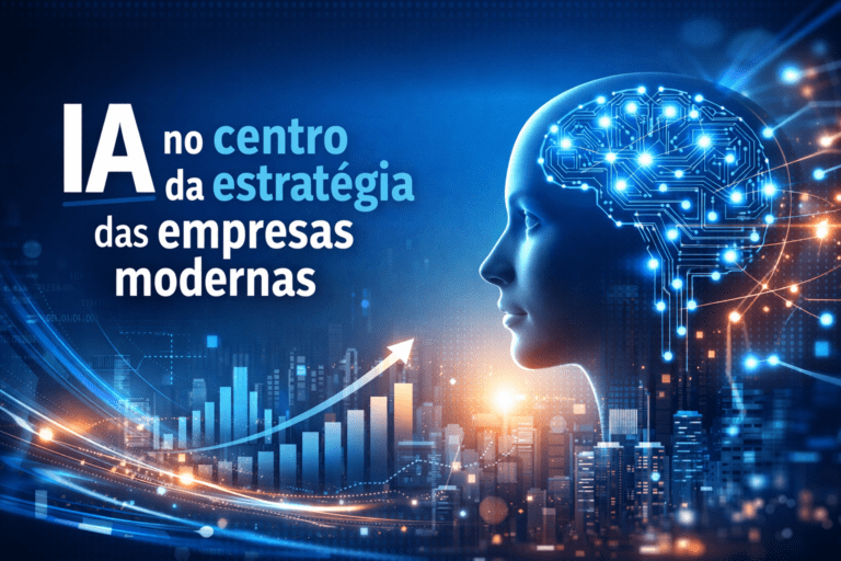 IA no centro da estratégia das empresas modernas, representada por um cérebro digital em um rosto humano, com gráficos de crescimento e elementos de tecnologia ao fundo.